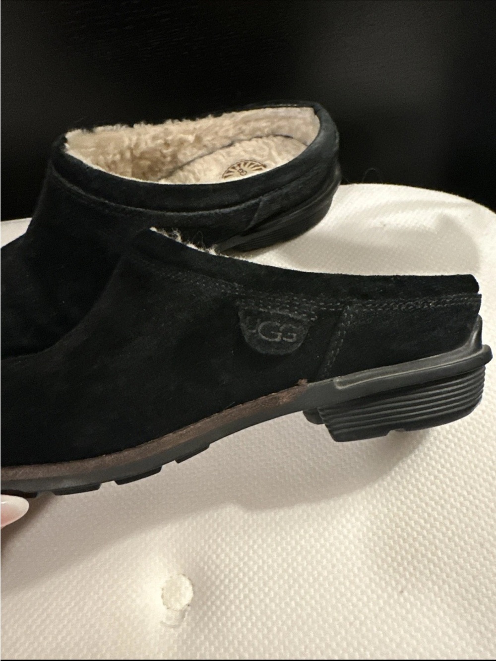 UGG Black Suede Slip-On Mule with Shearling Trim